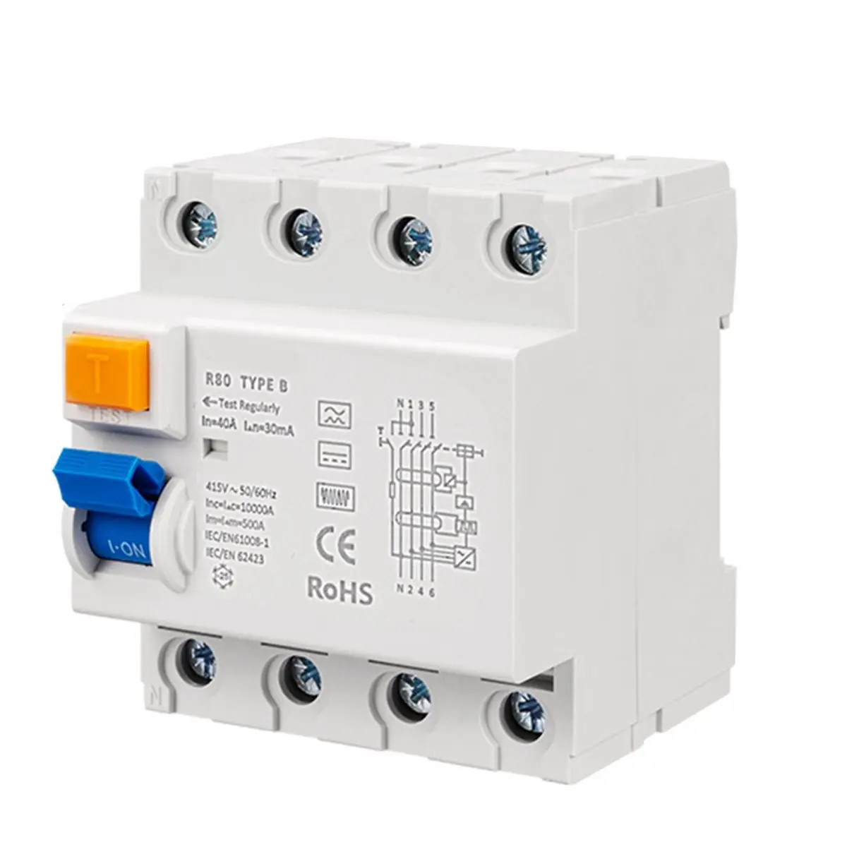 T1537C Tools-R80 40A 30mA Leakage Detection Switch RCCB Type B 4-Pole Circuit Breaker Immediate Power-Off for Charging Stations