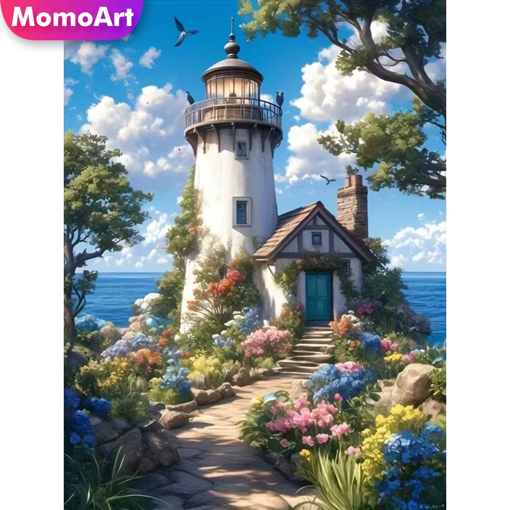 Momoart Nuevo Kit de Manualidades DIY de Mosaico de Diamantes con Paisaje de Faro, Pintura de Diamantes, Bordado Costero, Hobby Hecho a Mano