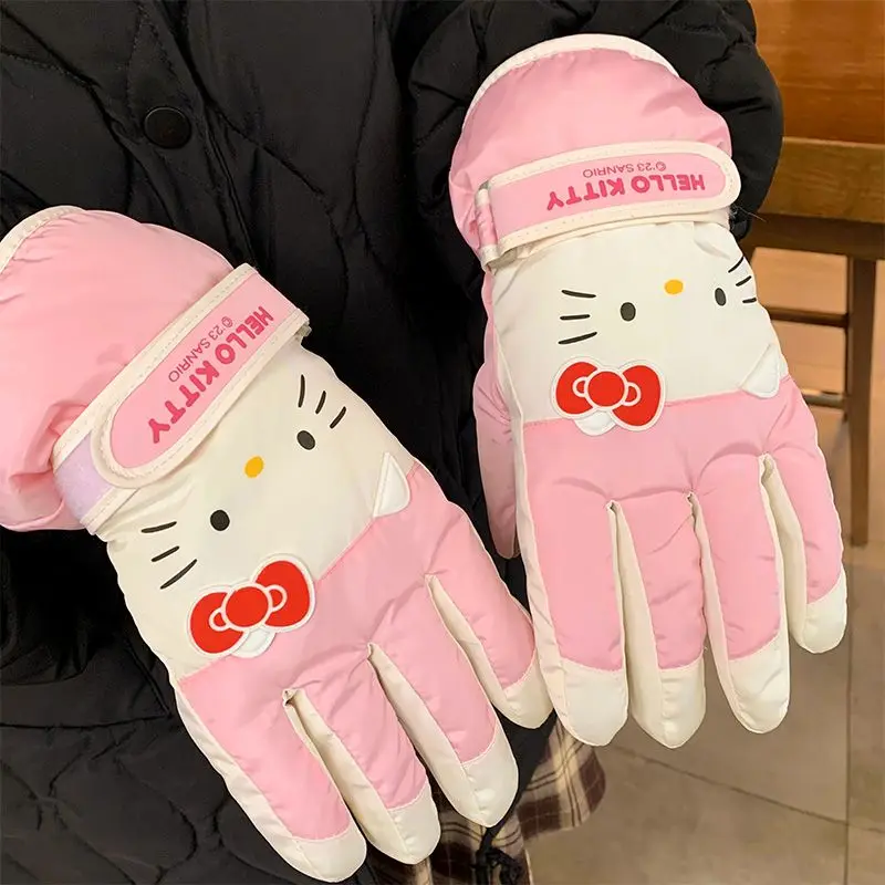 Hellokitty Pink Ski Gloves for Women Cute Velvet Thickened Waterproof and Warm for Riding