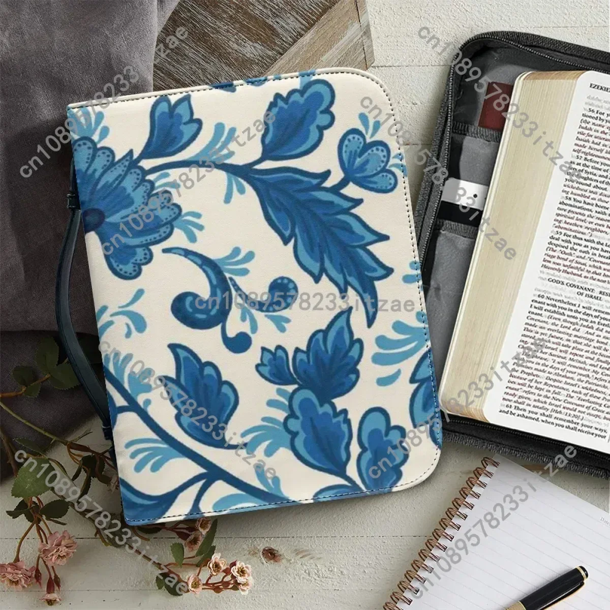 

Fashion New Art Floral Pattern Print Women's Leather Handbags Zippered Handle Bible Storage Bags Bible Carrying Case Custom Gift