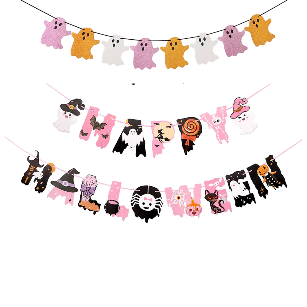 

Halloween Pink Paper Banner Cute Ghost Themed Party Happy Halloween Letter Banner Garland Home Party Hanging DIY Decor Supplies