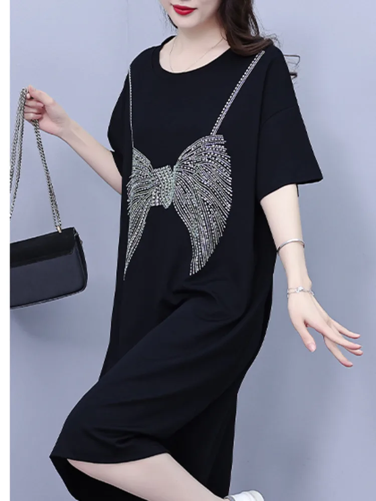 Robe t-shirt droite noire pour femme, longueur genou, nœud diamants, style coréen, t-shirt de bureau, manches courtes, élégant, été, #7999