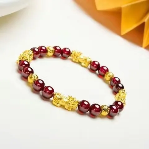 Garnet Pixiu Bracelet Women's Red Transport Bead 9999 24K Real Gold Pixiu Jewelry Gold Bracelet Gift for Wife Mother