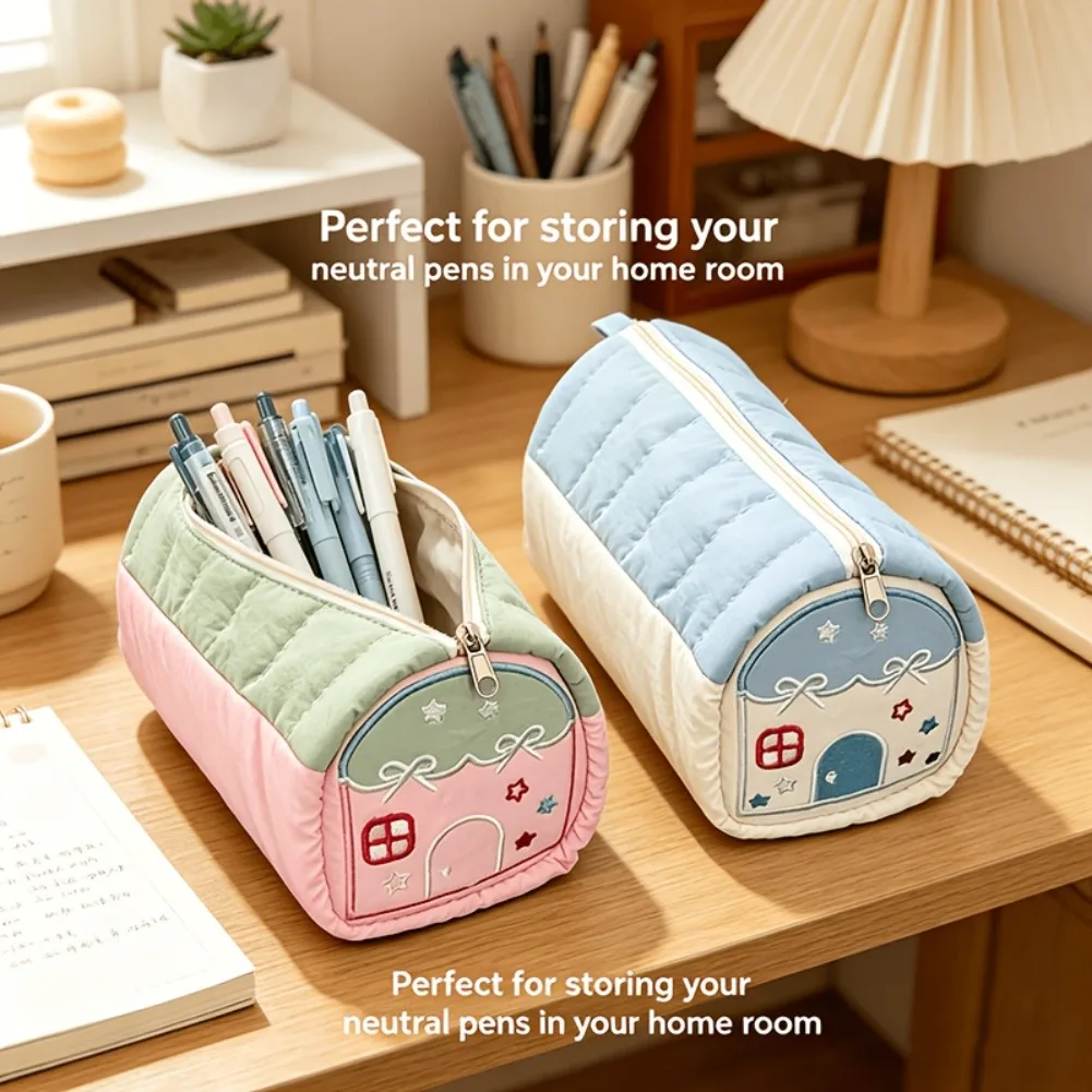 マカロン刺繍入りペンケース-コントラストカラー-大容量-韓国風文房具収納バッグ-専用学生用ペンオーガナイザーポーチ