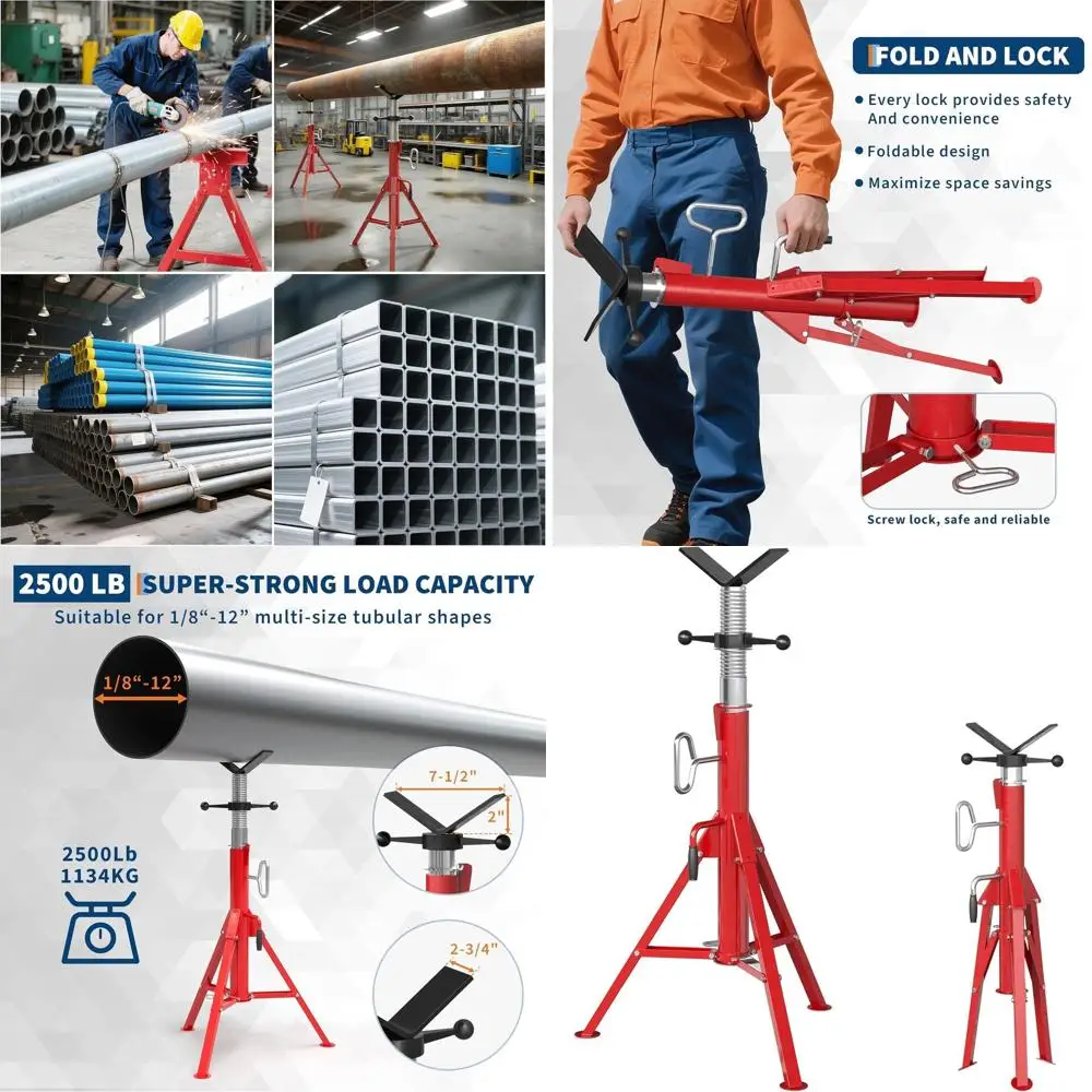 Adjustable V-Head Pipe Jack Stand, 28-52 Height, 1/8-12 Diameter, 2500 lbs Capacity