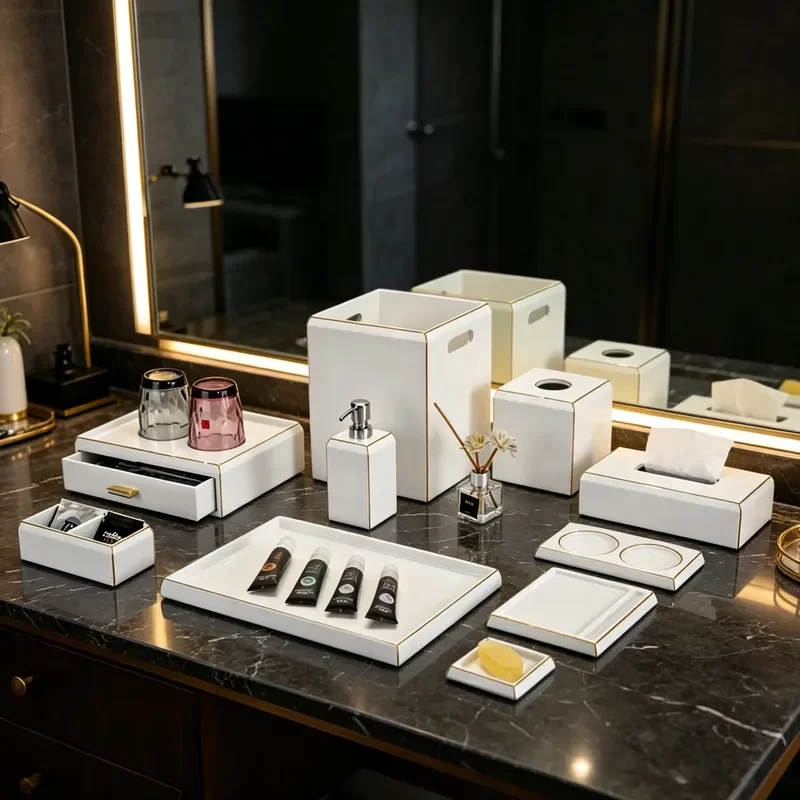 Luxury Custom Resin Hotel Bathroom Accessories Set High End Guest Room Supplies Tray Tissue Box Holder for Hospitality Decor
