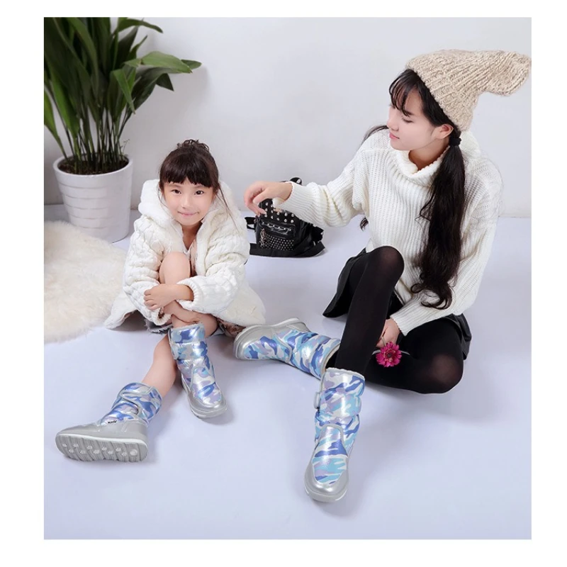Camouflage Army Green Winter Warm Plush Children's Snow Boots Non-slip Waterproof Ski Girls' Long Boots Family Matching Shoes