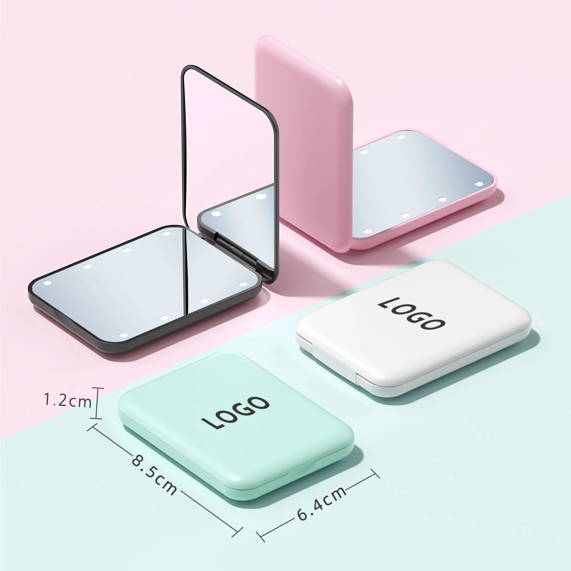 미니 LED 포켓 메이크업 거울 2배 확대 배터리 구동 휴대용 핸드헬드 메이크업 거울