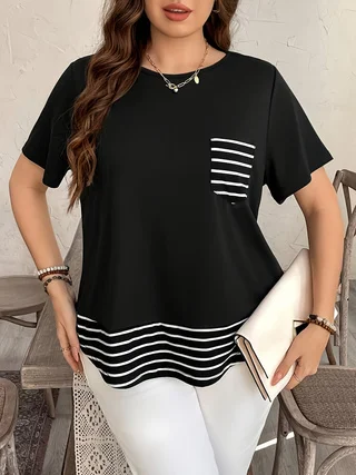 

Летняя модная новинка: женский топ больших размеров с пэчворком, полосками, круглым вырезом, свободного кроя, с короткими рукавами, имитация двухслойности.