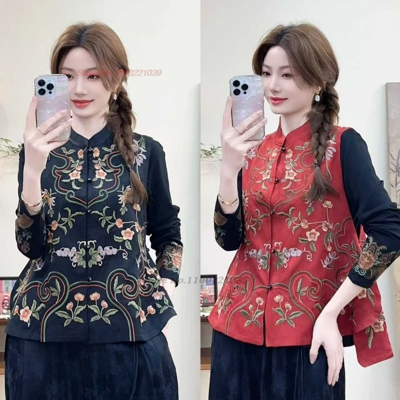 

2025 chinese vintage hanfu tops satin jacquard stand collar folk vest national flower embroidery sleeveless jacket ethnic vest