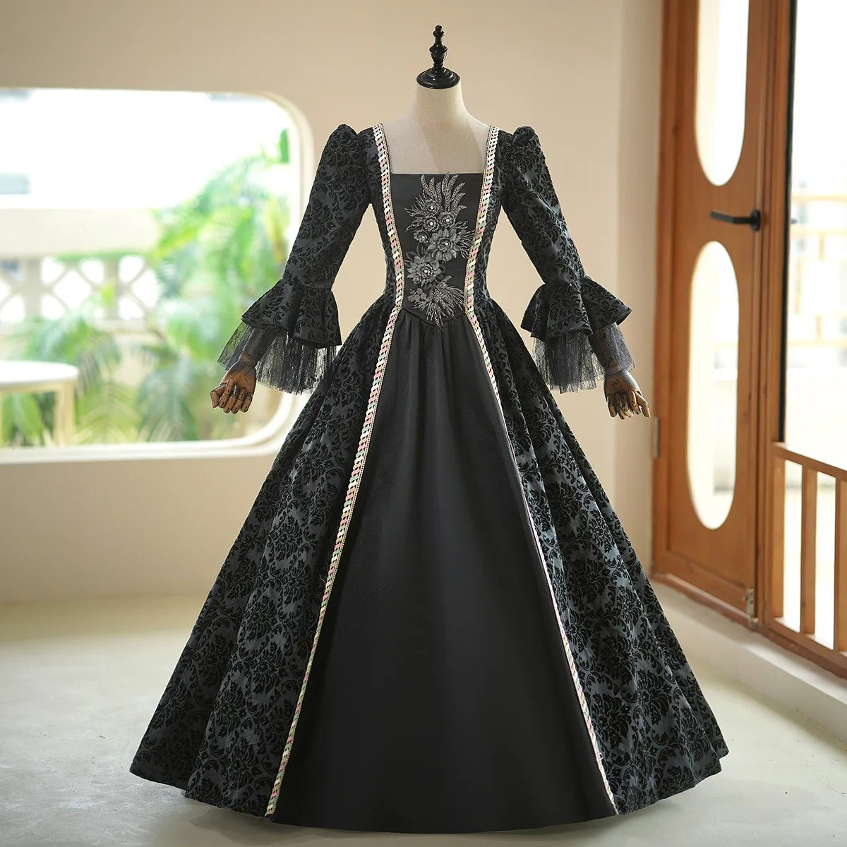 formal dress masquerade Corset-style Gown 3-Piece Women's Medieval Renaissance Cosplay Over – Victorian Formal Gown, Wedding Guest Dress With Accessories elegant masquerade ball gown