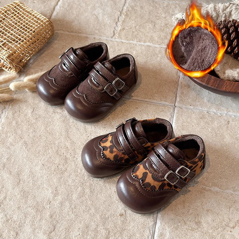 Leather Warm Shoes for Girls 2026 New Autumn Winter Toddler Dress Shoes with Double Buckle Simple Retro Kids Mary Jane Flats