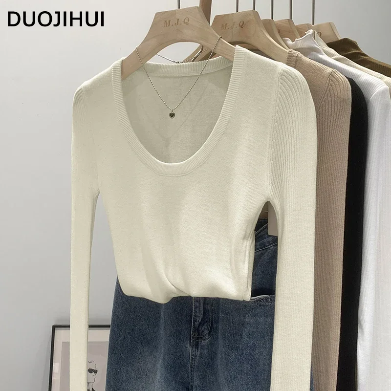 DUOJIHUI New Chic Neck Slim Knitting Autumn Female T-shirts Simple Casual Fashion Office Ladies Basic Solid Color Women T-shirts