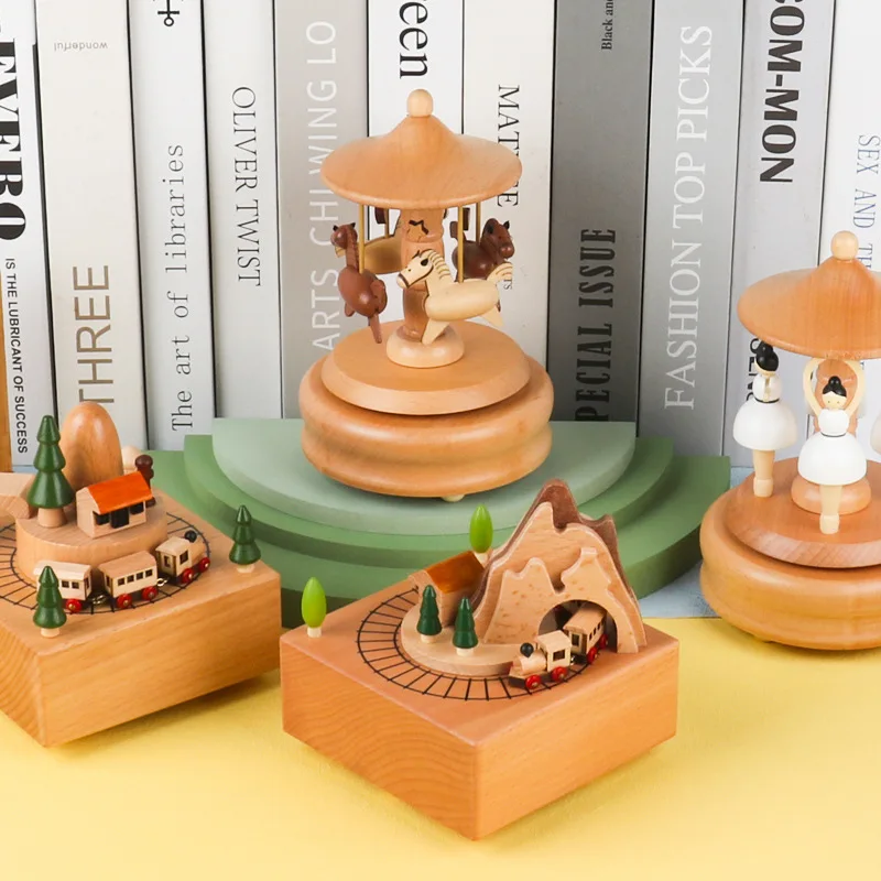 Solid Wood Vintage Rotating Music Box Creative Music Box Graduation Valentine's Day Gift for Girls Boys Home Desktop Ornament