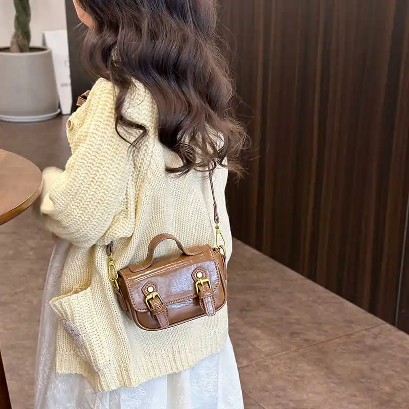 Vintage Red PU Girl's Handbags New Versatile Coin Ornament Children's Crossbody Bags Fashion Niche Mini Small Square Bags