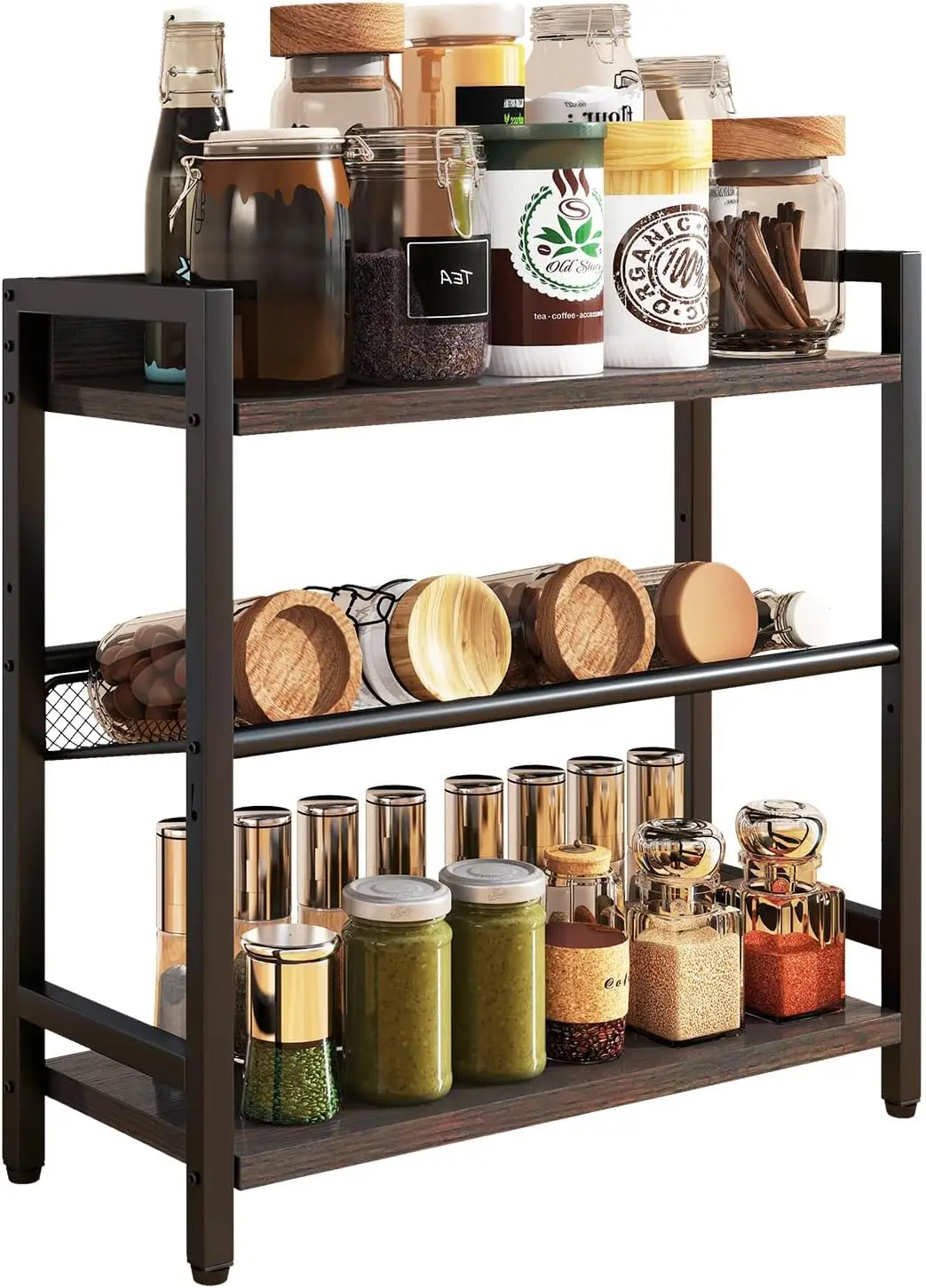 

3-Tier Spice Rack Industrial Counter Shelf Desktop Storage Organizer Standing Seasoning Rack for Countertop Kitchen Off