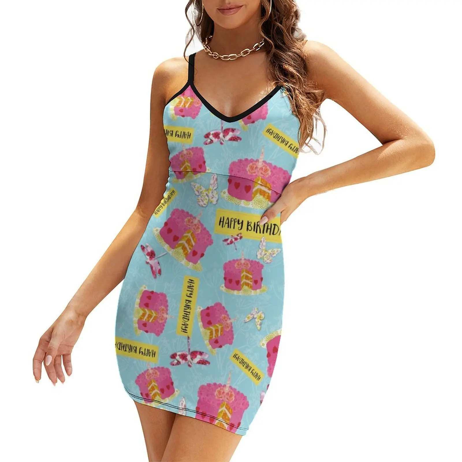 

Happy Birthday Garden Party pattern, cake, butterfly, dragonfly Sling Dress women dresses sexy dress for women Clothing female