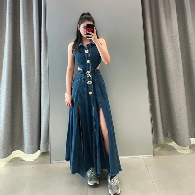 New Summer Backless Modified Jeans Dresses Women\'s Double Slit Dress Stand Collar Metal Button Slim Waist High-End Denim Dress