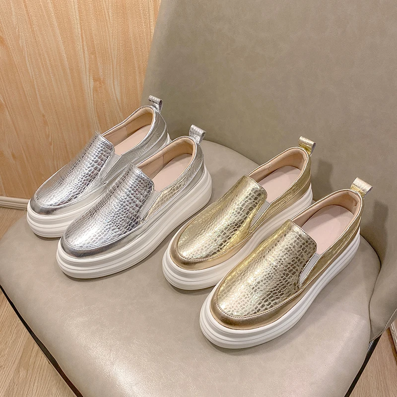 Genuine Leather Cowhide Platform Women Loafers,Comfortable Slip-On Gold Sneakers,Fashion Silver Women Shoes