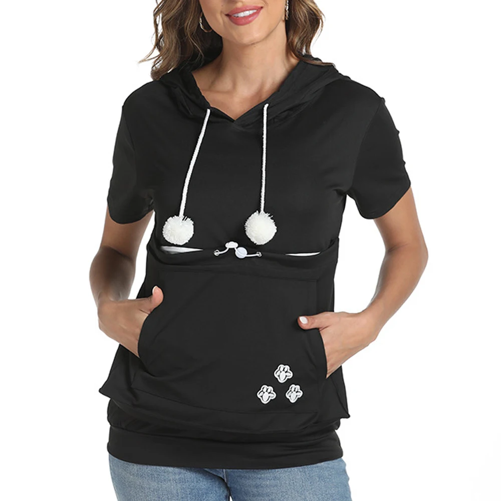 Women Short Sleeve T-Shirts Pullover Hoodies Large Pocket For Cat Dog Kangaroo Sweatshirt Animal Pet Carrying Out Tops Blouse