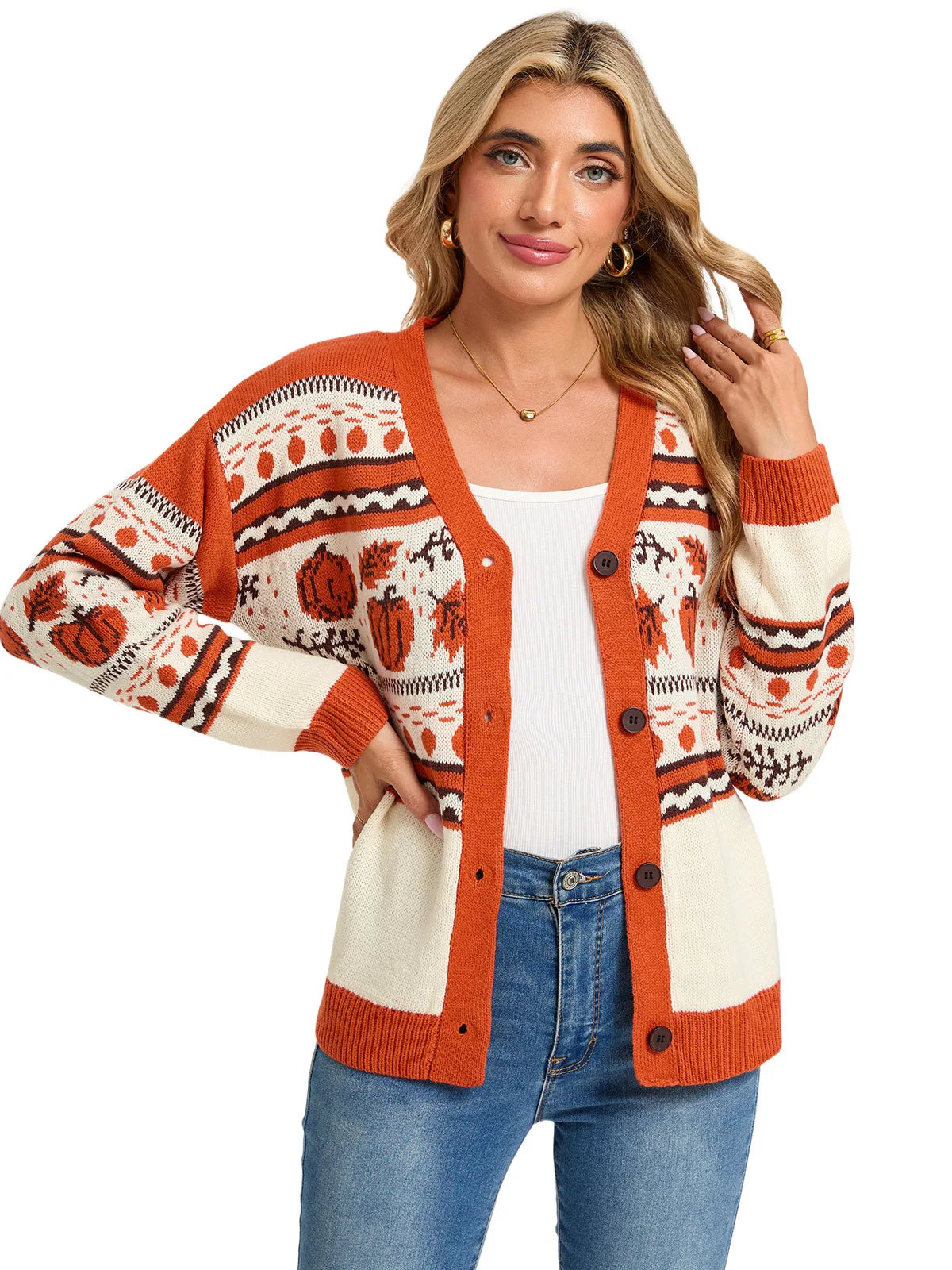 XXOWENLI Women Pumpkin Knit Cardigan V Neck Long Sleeve Sweater Retro Fall Print Loose Knitwear Halloween Thanksgiving Outerwear