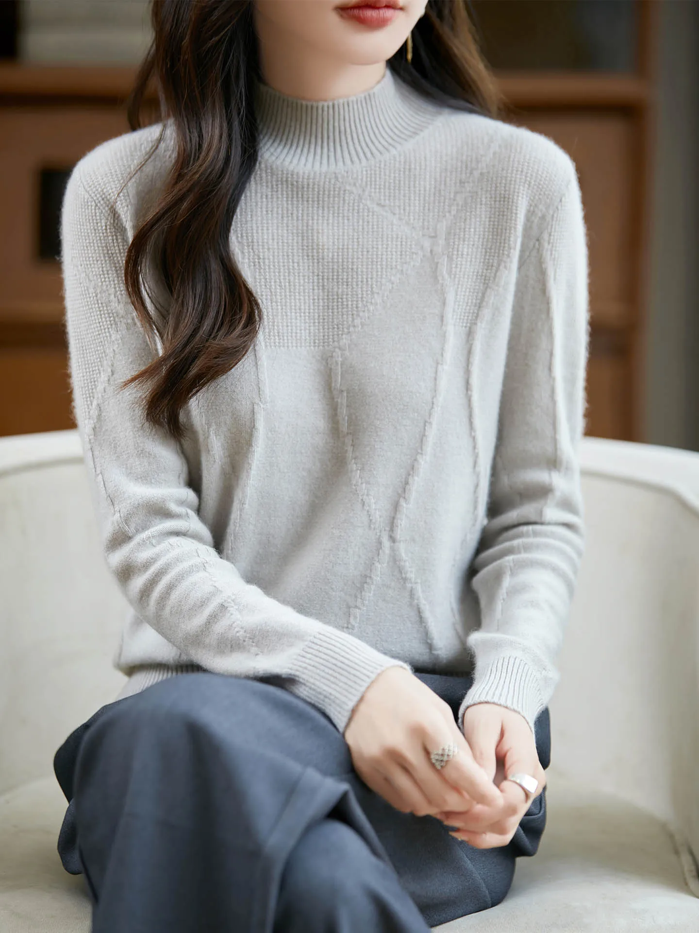 

100% Merino Wool Sweater for Women Half-high Collar Knitted Pullover Autumn Winter Cashmere Clothing Casual Base Jacquard Top