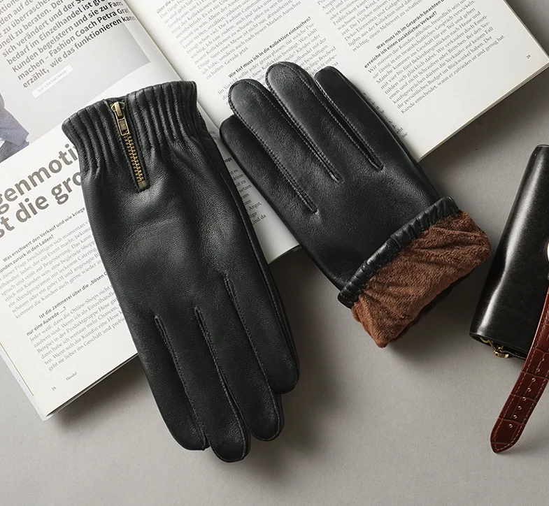 

Перчатки из натуральной овчины, мужские перчатки из натуральной кожи на молнии, короткие утолщенные теплые зимние черные перчатки для вождения с сенсорным экраном R3502