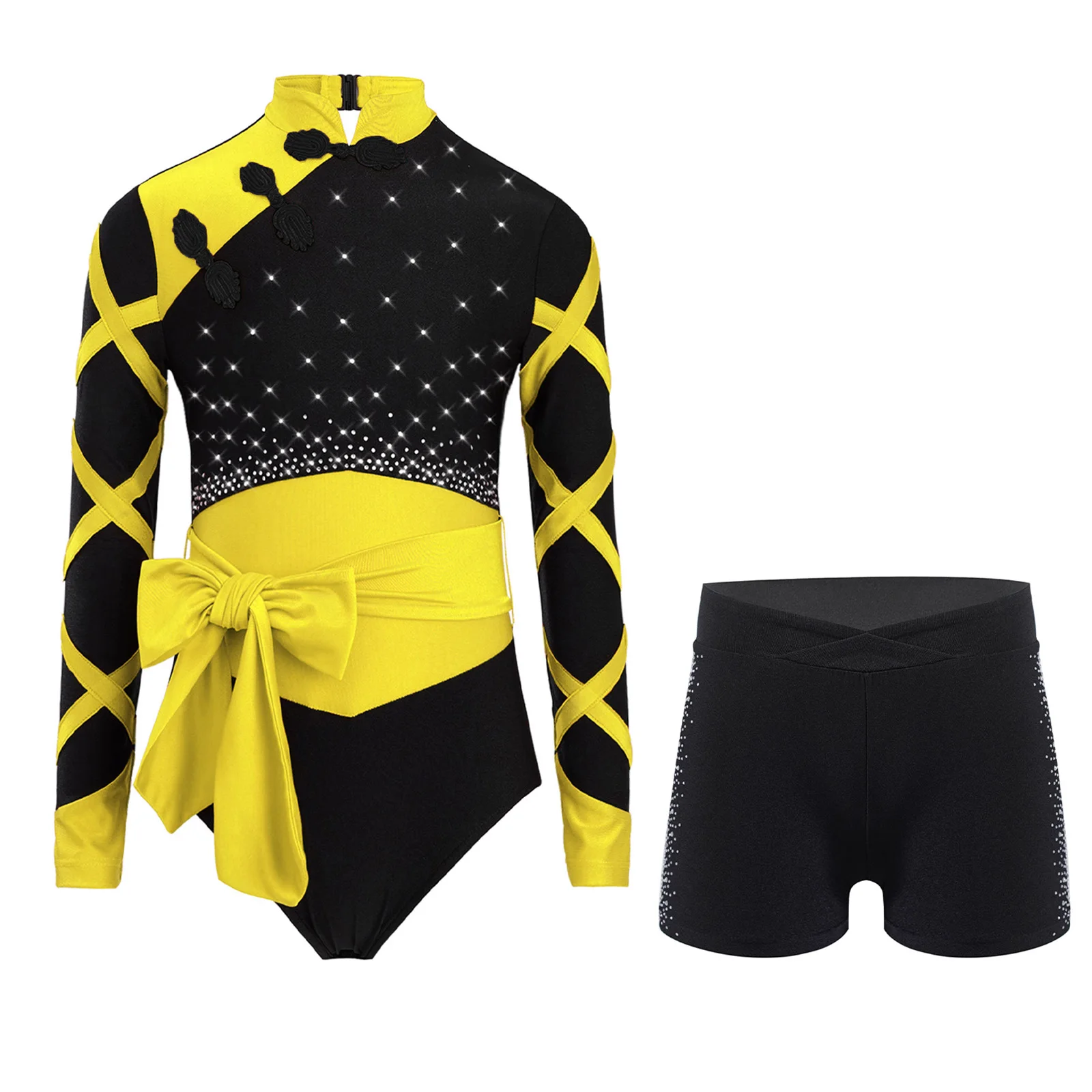 キッズガールズ体操フィギュアスケートバレエダンス衣装中国風長袖キラキララインストーンレオタードベルトショーツセット