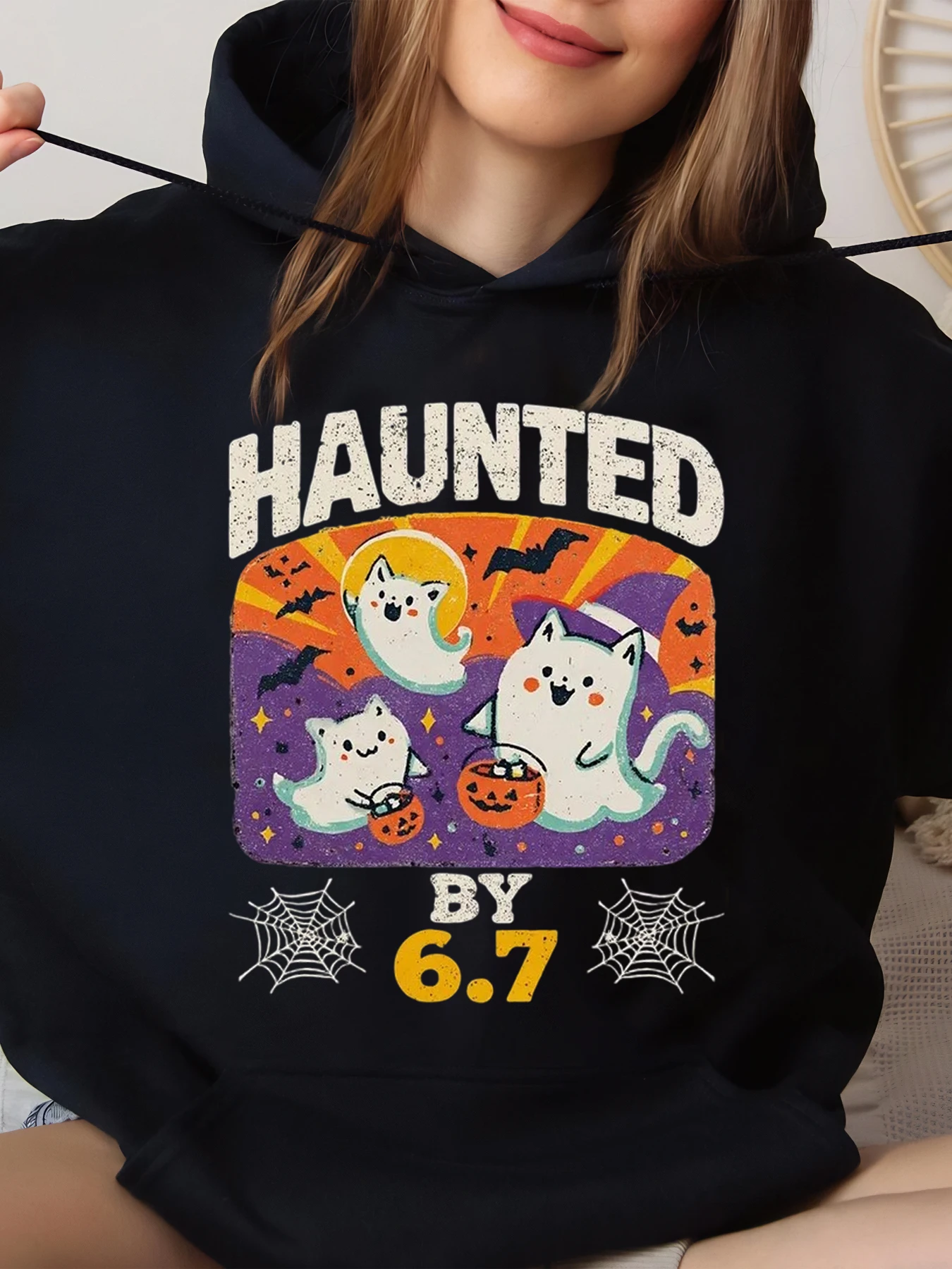 

Haunted Cats Pumpkin Bats Print Halloween Hoodie Women Casual Wear Black Big Size