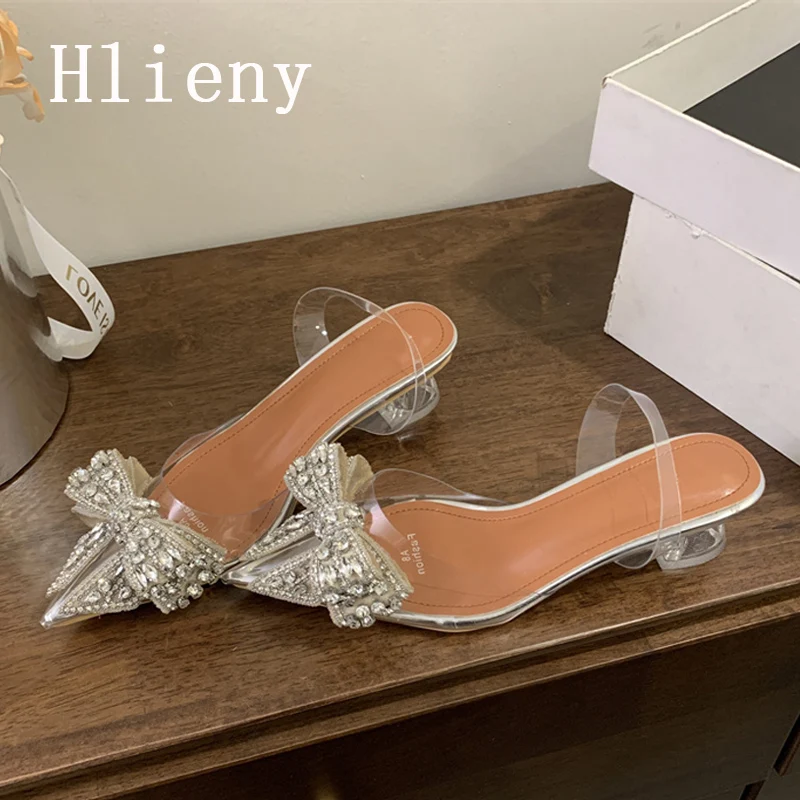 Hlieny-zapatos de tacón alto y bajo para mujer, sandalias transparentes de PVC, con lazo de cristal y punta estrecha plateada, y boda para fiesta,