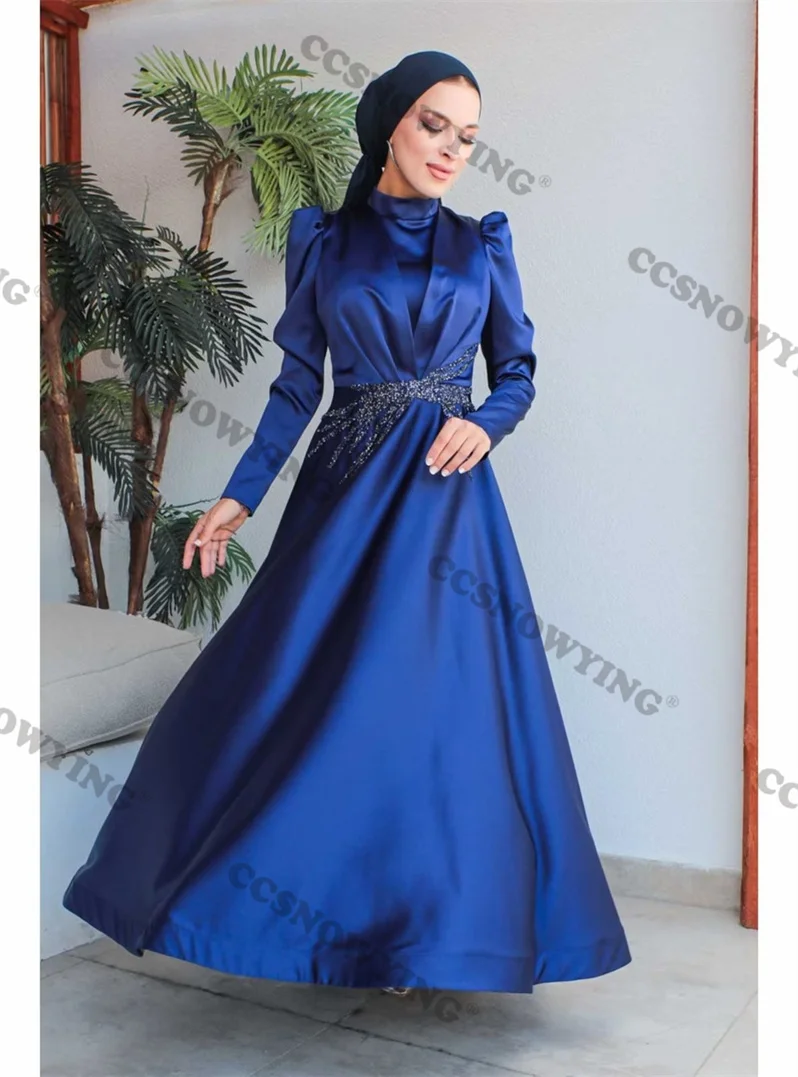 

Satin Appliques Beaded Muslim Evening Dress Long Sleeve High Neck Hijab Formal Party Gown Islamic Arabic Dubai Robe De Soiree