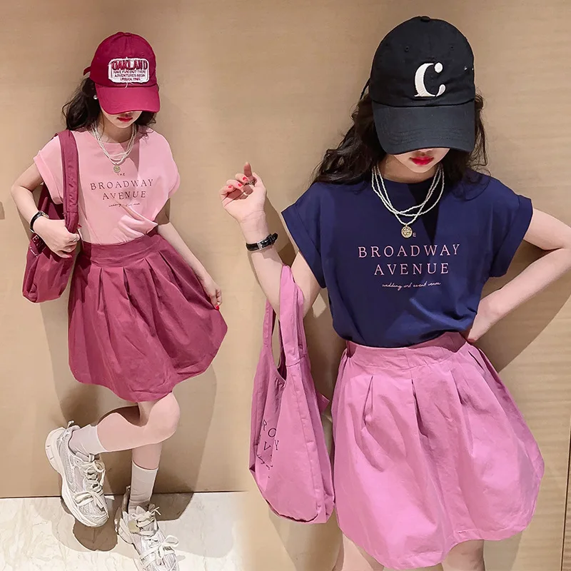 Summer 2023 Girls Skirt Outfit New Medium and Large Children\'s Cotton Letter T-shirt Trendy Casual Loose Two-Piece Suit