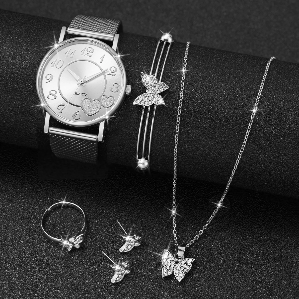 6PCS/Set Women\'s Watch Fashion Heart Arabic Dial Plastic Band Quartz Watches Rhinestone Butterfly Jewelry Set（Without Box）