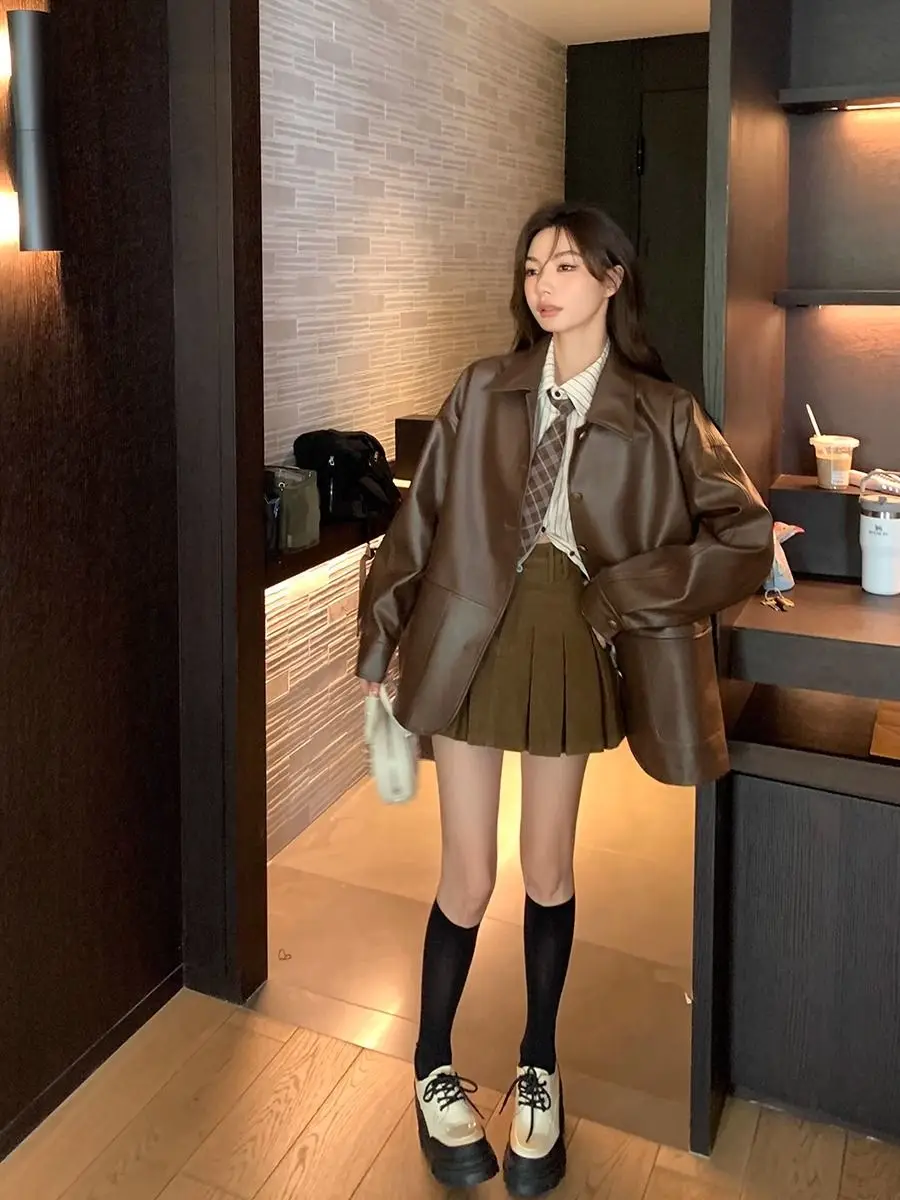 2023 Autumn Leather Coat Loose High Street Aviator Leather Jacket WomanPunk Fashion Brown Leather Jacket Women Streetwear Zipper