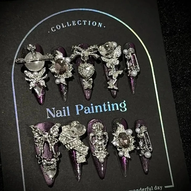 

10PCS 3D Baroque Press on Nails Stiletto Shape Purple with Rhinestone Butterfly Pearl Luxe Gothic False Nails Handmade for Women