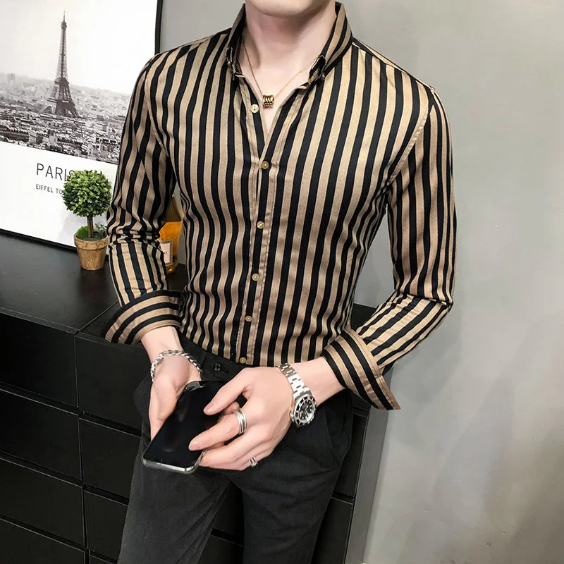 

Trend Korean Brand Fashion Striped Print Shirt For Men British Style Long-sleeved Striped Shirt Men Slim Camisa Social Masculina