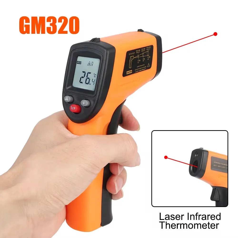 GM320 الرقمية-50 ~ 380 ° C C/F مقياس درجة الحرارة بالليزر بندقية البيرومتر الصناعي بالأشعة تحت الحمراء عدم الاتصال ميزان الحرارة بالأشعة تحت الحمراء ﻿