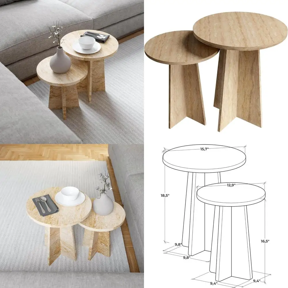 

Modern 2-Piece Travertine Effect Nesting Coffee Table Set - Compact Side Tables for Living Room