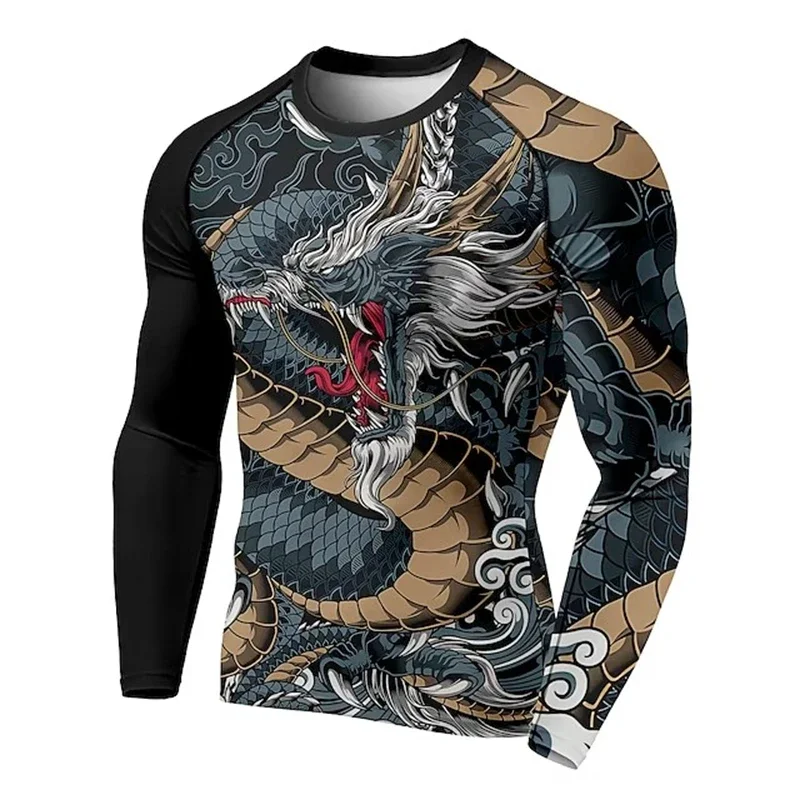 Creative Fashion Chinese Dragon 3D Print Luxury Long Sleeve T Shirt Spring Quality Men Designer Clothes Casual Streetwear Tops