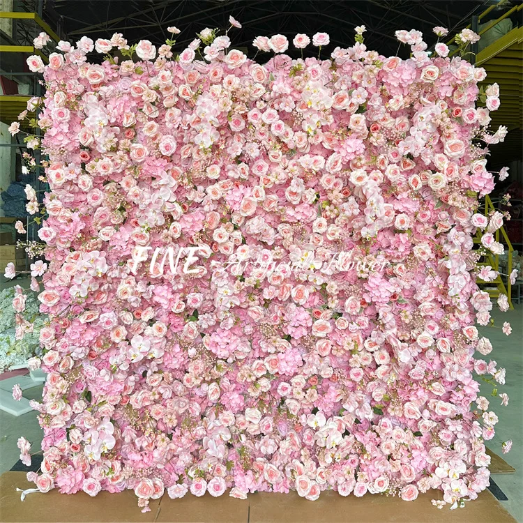 

Uflower luxury Pink Rose hydrangea 5D Flower Wall Wedding Backdrop Fabric Hanging Curtain Floral Arrangement Party Event Props