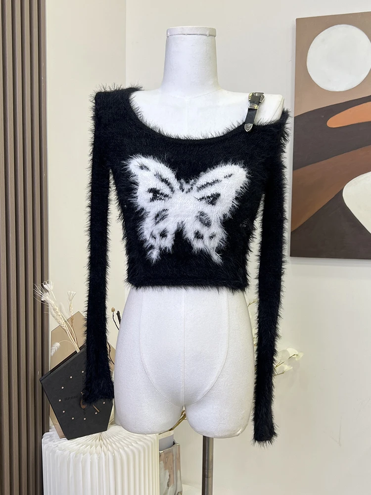 Autunno donna Vintage Harajuku Fashion Gothic Crop Top Off spalla maglione marea o-collo soffice maglione manica lunga 2000s estetica