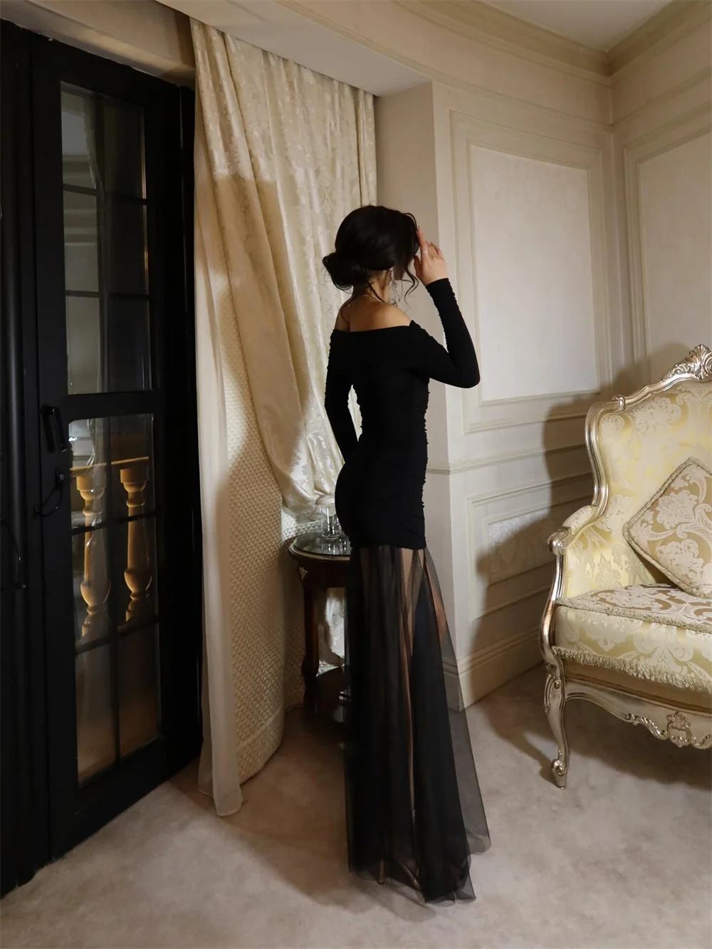 فستان ROYET تول مطوي قبالة الكتف للنساء للحفلات بطول الأرض وأكمام طويلة فستان حفلات رسمي مخصص كلاسيكي فستان سهرة #3