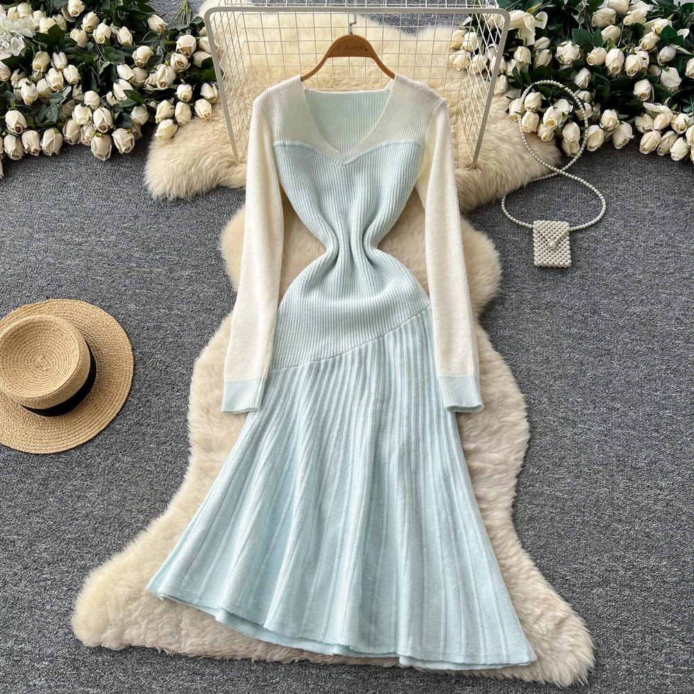 

Vintage Knit asymmetrical patchwork long sleeve Sexy A-line dress Vacation Women Fashion ceremony dresses