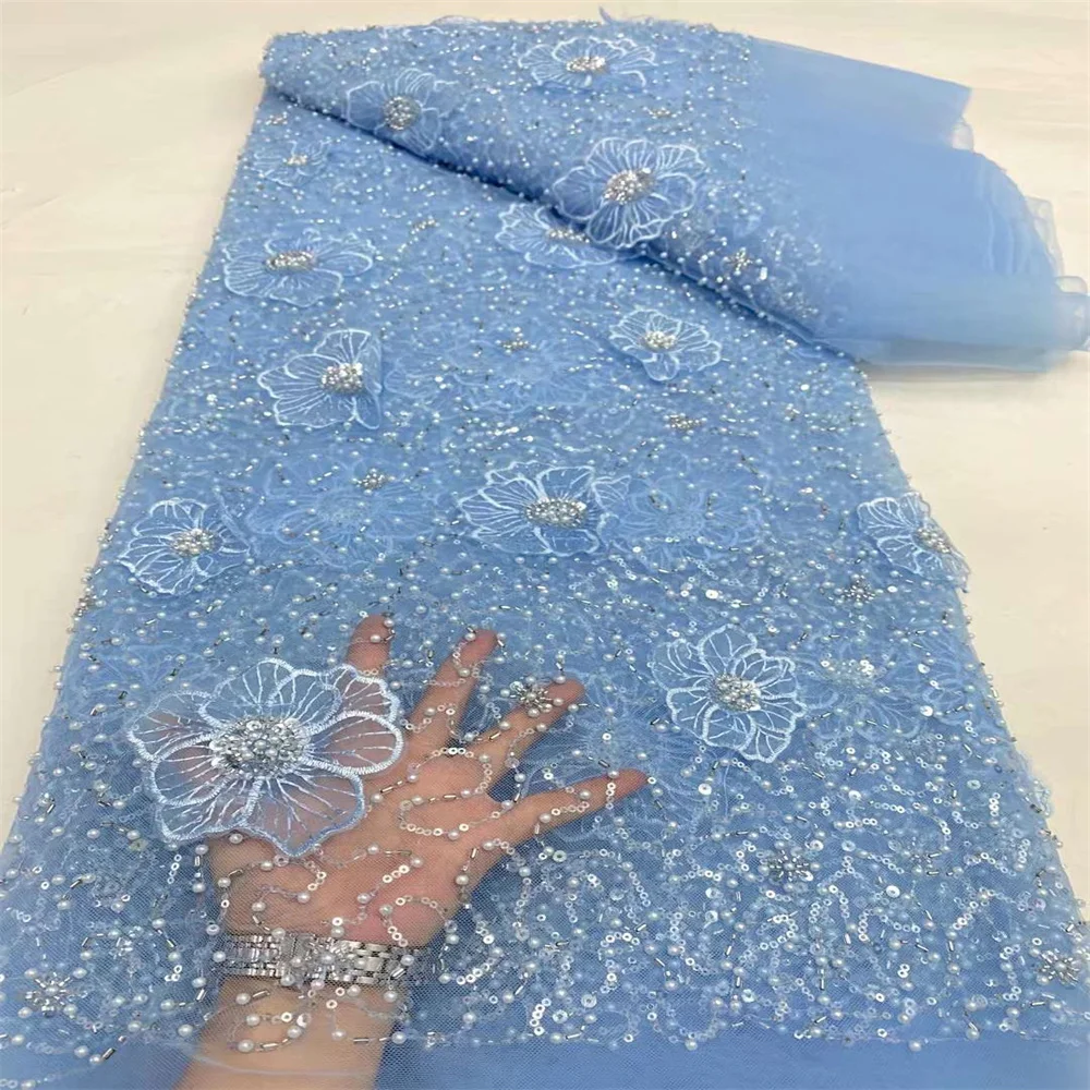 Tissu de dentelle de tulle français nigwin pour robe de patients, fleur 3D, broderie africaine, perles de paillettes, haute qualité, 2024