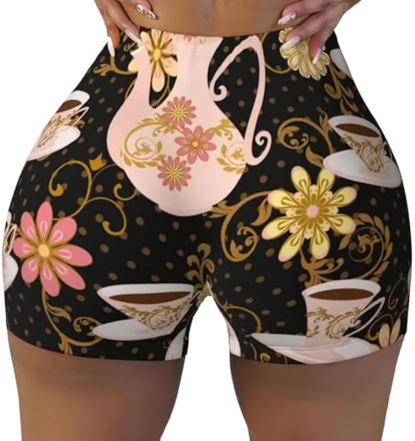 

Винтажные женские шорты для йоги с высокой талией и цветами и вазой, эластичные шорты, спортивные шорты для бега