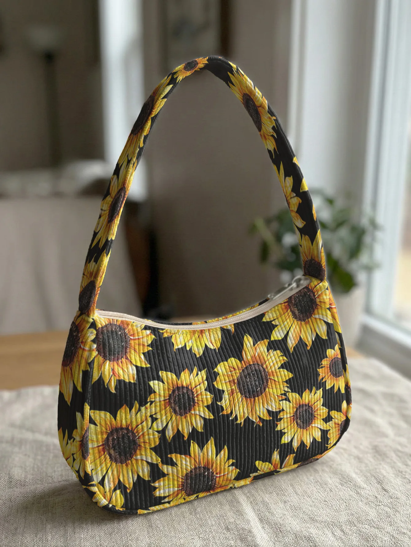 Trendy Sunflower Print Shoulder Bag, Black Corduroy Underarm Bag for Daily Casual Use