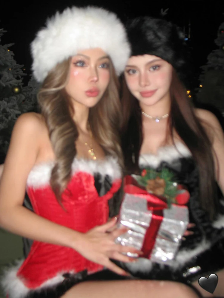 Sisterlinda عيد الميلاد سترة مثيرة المرأة فروي المرقعة القوس يزين Shiring أكمام تمتد نحيل البرية نادي الحفلات تانك القمم