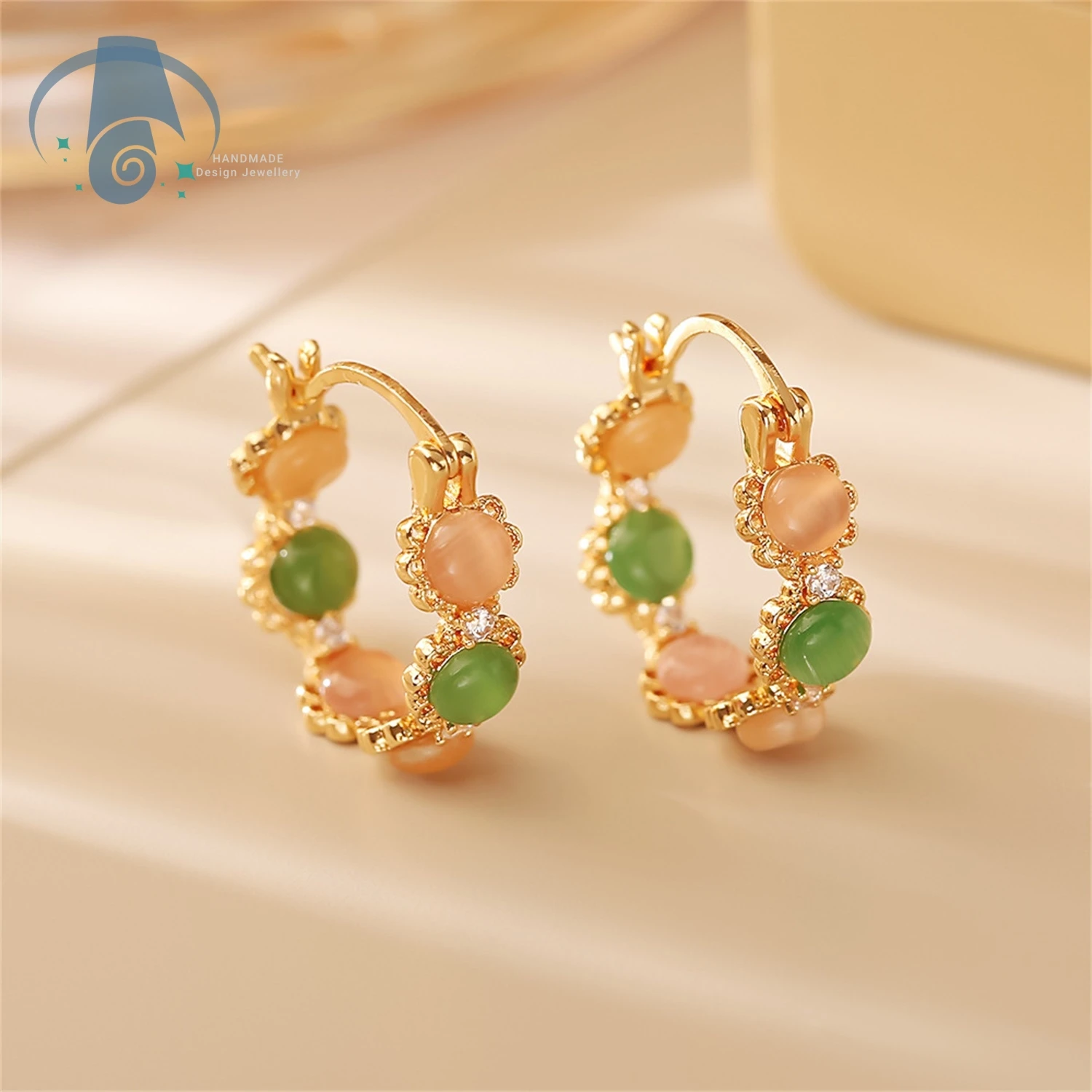 Cat Eye Gemstone U Shaped Hoop Earrings Lightweight Multicolor Sparkling Sweet Chic Elegant Jewelry for Women Daily Parties Gift