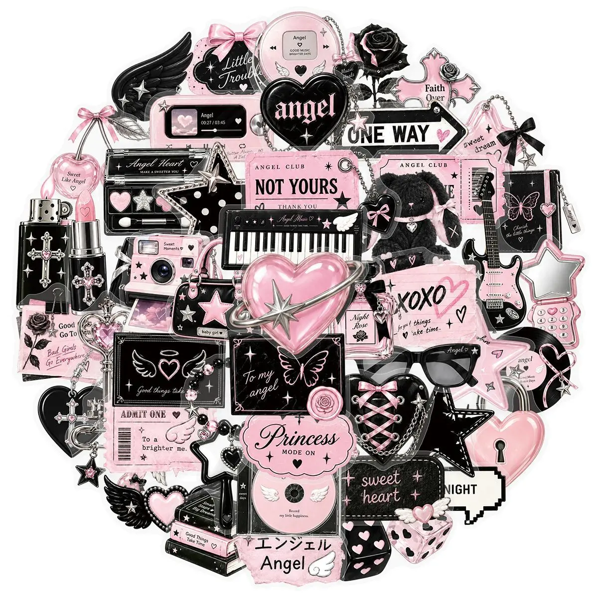 50Pcs Black Pink Sweet Cool Angel Y2K Stickers Waterproof DIY Scrapbook Journal Phone Case Decoration Sticker Pack Wholesale