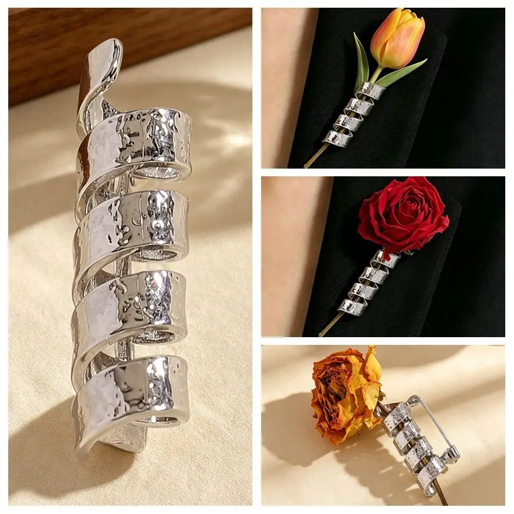 Copper Flower Stem Brooch Pin Silver Open Tube Boutonniere Holder Floral Decoration Jewelry Accessories Lapel Pin Formal Wear